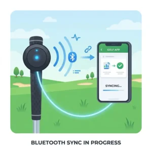 A wireless golf swing sensor bluetooth syncing real-time data to a mobile application.