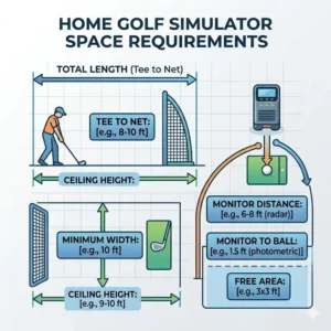 A diagram showing the minimum indoor space needed to install an affordable launch monitor for home.