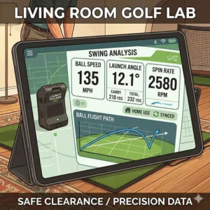 Detailed data metrics displayed on a tablet from a golf launch monitor home use showing ball speed and launch angle.