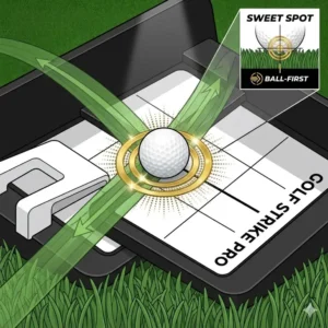 A detailed diagram of a golf strike training aid highlighting the sweet spot for perfect ball-first contact.