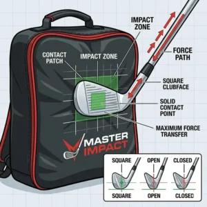 Close-up technical drawing of the impact zone and square clubface mechanics on a golf impact training bag.