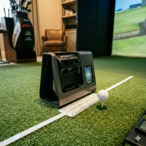 A launch monitor stand and protective case as functional golf simulator accessories home.