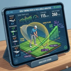 A detailed 3D visual interface of a golf swing analyzer for home displaying swing plane and face angle metrics.