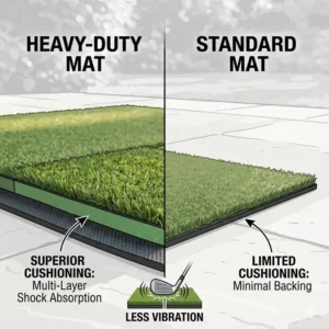 Side-by-side thickness comparison showing the superior cushioning of a professional golf practice mat heavy duty.