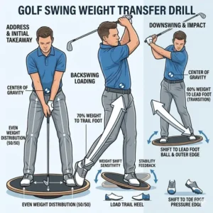 A technical diagram demonstrating shifting weight using a golf balance trainer board during a swing.
