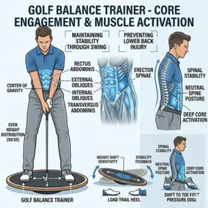 Illustration highlighting the core muscles activated when maintaining stability on a golf balance trainer board.