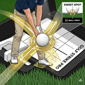 Illustration demonstrating proper foot placement and body alignment when practicing with a golf strike training aid.