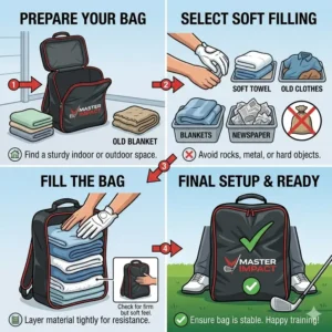 Illustration 3: Step-by-step guide on how to fill a golf impact training bag with towels or clothes for safe practice.