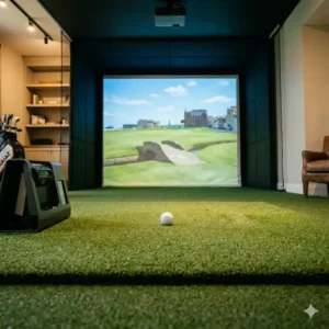 Green landing turf and putting surface designed for golf simulator accessories home setup.