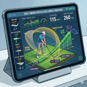 A tablet screen providing instant performance feedback and swing statistics from a golf swing analyzer for home.