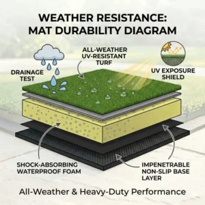 Demonstration of the UV-resistant and waterproof materials used in an all-weather golf practice mat heavy duty.