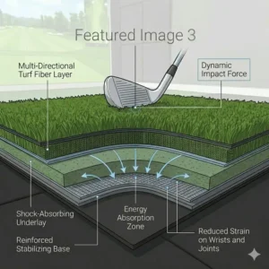 Close-up of a club head striking the turf of a golf simulator hitting mat for realistic feel.