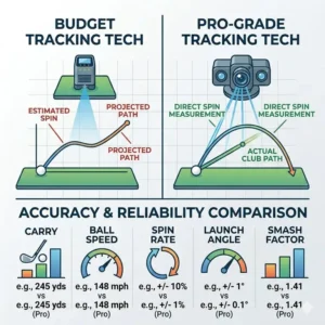 A mobile device displaying a golf simulation app connected to an affordable launch monitor for home.