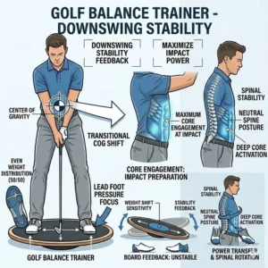 A visual guide of a golfer reaching the downswing phase while staying centered on a golf balance trainer board.