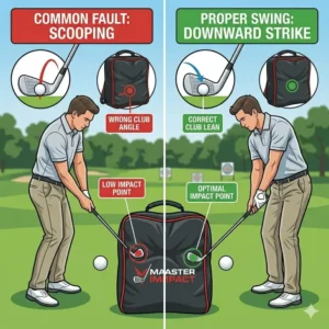 Illustration 4: Comparison between a scooping swing fault and a proper downward strike using a golf impact training bag.