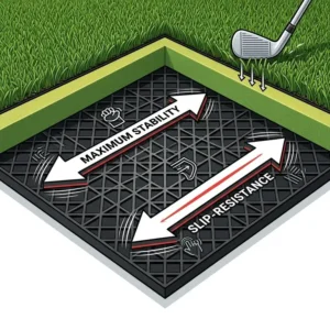 Close-up of the anti-skid traction pattern on the bottom of a golf practice mat heavy duty for maximum stability.