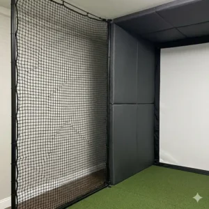 Protective side netting and foam wall barriers included in golf simulator accessories home kits.