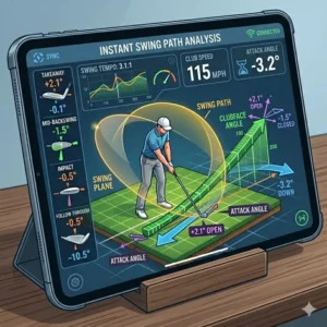 Demonstrating the portability of a golf swing analyzer for home being used in both a garage and a backyard net.
