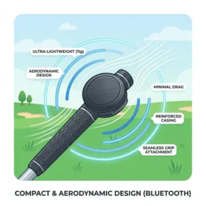 Close-up of the lightweight and compact aerodynamic casing of a golf swing sensor bluetooth.