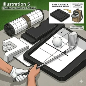 A lifestyle illustration showing how to set up a compact golf strike training aid at home or on the driving range.