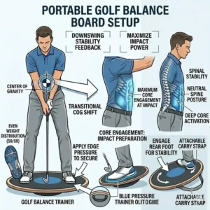 An illustration of a compact and portable golf balance trainer board used for driving range practice.
