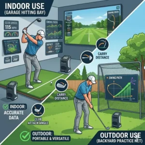 A digital dashboard tracking weekly improvement and consistency trends measured by a golf swing analyzer for home.