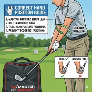 Illustration 5: Detailed illustration of the ideal forward shaft lean and hand position when using a golf impact training bag.