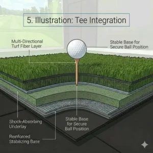 A durable and weather-resistant golf simulator hitting mat placed in a home garage.