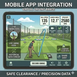 Virtual driving range software interface syncing with a golf launch monitor home use on a mobile device.