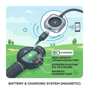 The magnetic charging system and battery life indicator of a modern golf swing sensor bluetooth.