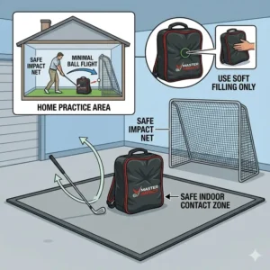Illustration 6: A safe home garage setup for daily practice sessions with a golf impact training bag.