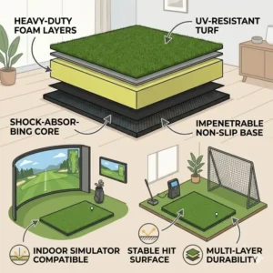 A home indoor simulator setup featuring a professional-grade golf practice mat heavy duty and hitting net.