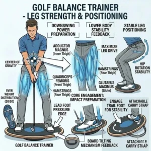 Detailed view of lower body positioning and leg strength development on a golf balance trainer board.