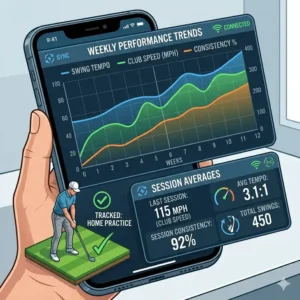 An indoor putting green setup utilizing a golf swing analyzer for home to analyze stroke rhythm and impact.