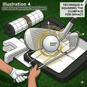 Close-up illustration of a golf clubface meeting the ball squarely using a specialized golf strike training aid.