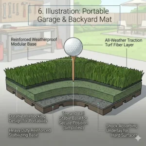 Infographic comparing different sizes and dimensions of a golf simulator hitting mat.