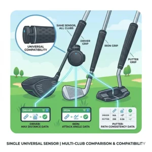 A golf swing sensor bluetooth shown being used interchangeably with a driver, iron, and putter.