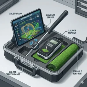 A compact carrying case containing a high-tech golf swing analyzer for home kit for easy storage and travel.