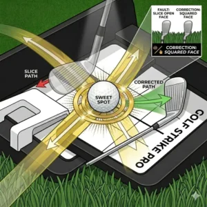 An instructional graphic showing a golf strike training aid helping a player eliminate a slice by adjusting their strike angle.