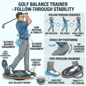 An illustration showing a balanced and controlled follow-through finish while standing on a golf balance trainer board.