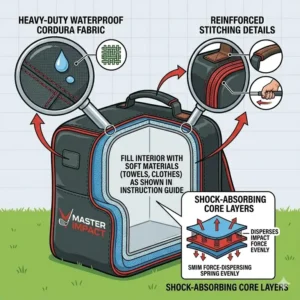 Illustration 7: Infographic showing the heavy-duty waterproof material and reinforced stitching of a premium golf impact training bag.