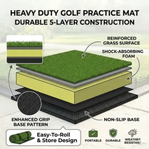 Illustration showing the easy-to-roll design for convenient transport and storage of a golf practice mat heavy duty.