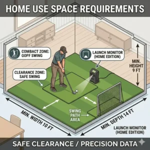 A floor plan illustration detailing the minimum room dimensions needed for a golf launch monitor home use setup.