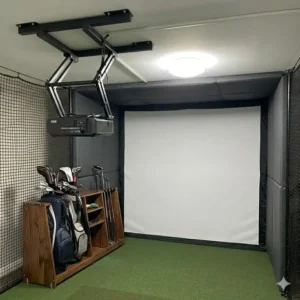 A stylish golf club and bag storage rack to organize your golf simulator accessories home.