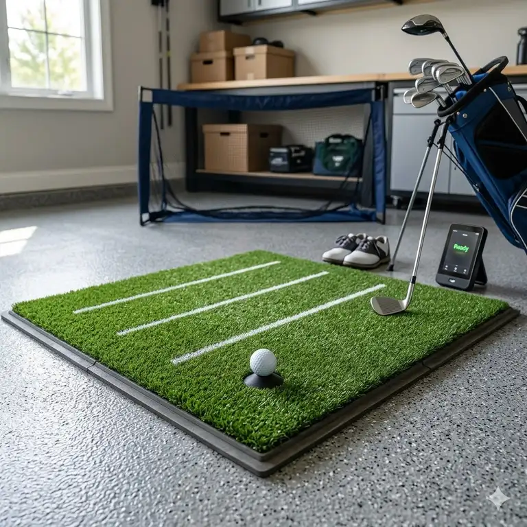 A premium golf hitting mat for garage setup featuring a realistic turf surface.