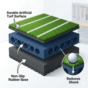 Technical diagram showing the multi-layer construction of a golf hitting mat for garage floors.