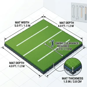 Size and dimension guide for a standard golf hitting mat for garage practice spaces.
