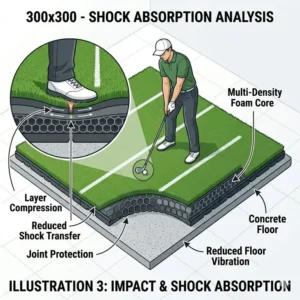 Illustration of the impact-resistant foam backing on a golf hitting mat for garage concrete.