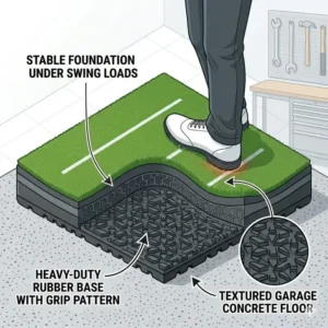 Graphic showing how to fold and store a portable golf hitting mat for garage efficiency.