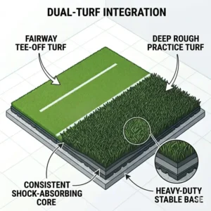 Comparison of fairway and rough turf textures on a golf hitting mat for garage use.